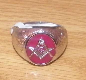SPECIAL!!!!!FREEMASON,MASONIC RHODIUM WITH RED TOP RING SIZE 11